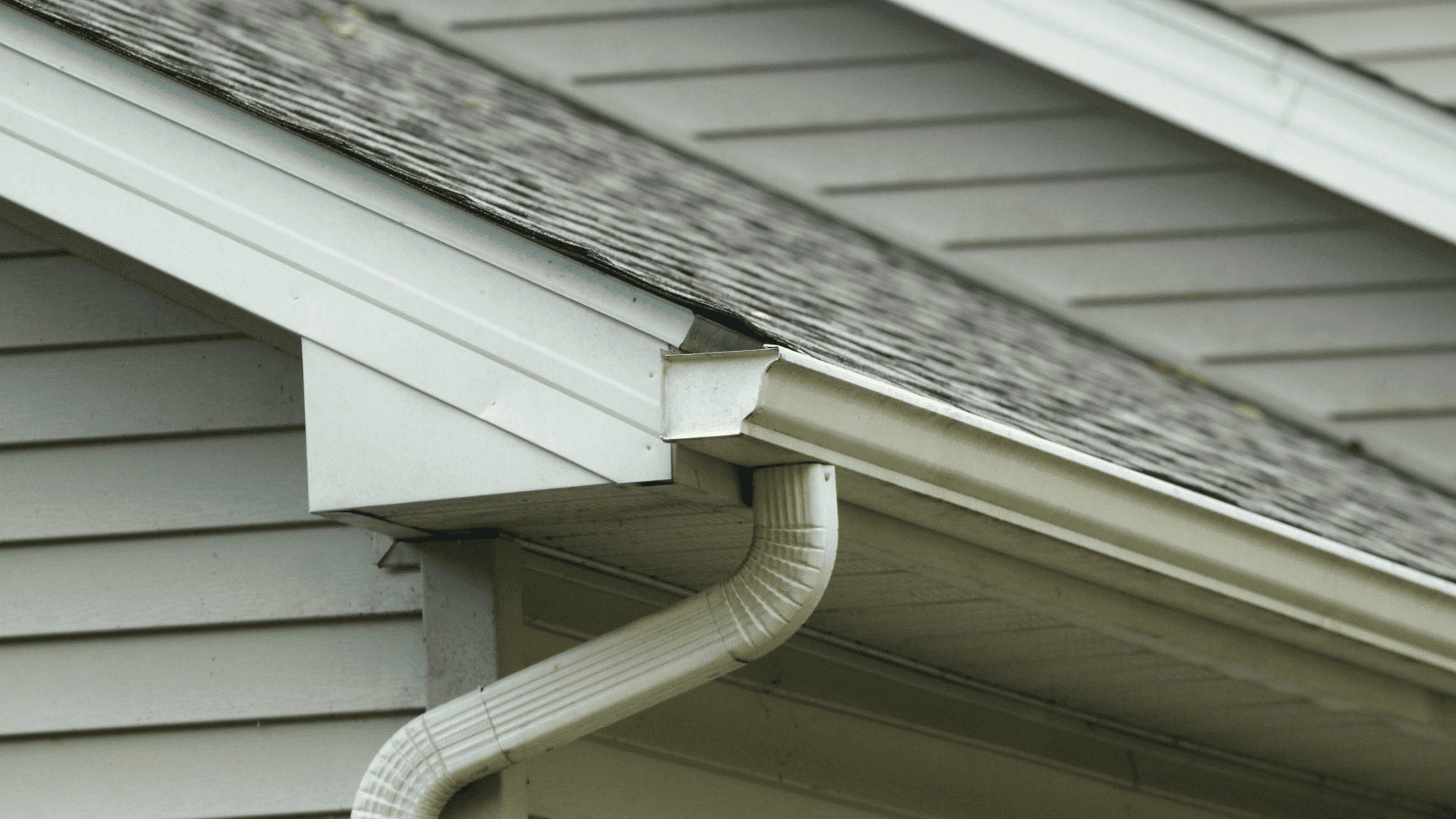 lateral view of a house with shingle roof and gutter